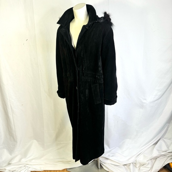 VERNISSAGE VINTAGE BLACK LEATHER TRENCH COAT WINTER COAT WITH FAUX FUR LARGE - Picture 13 of 17